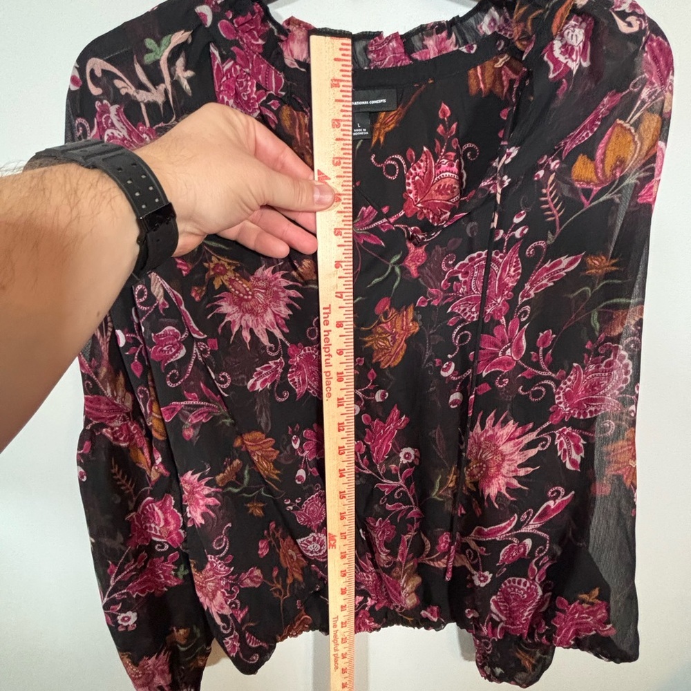 INC Black Pink Floral Sheer Long Sleeve Peasant Blouse Size L - Picture 7 of 10